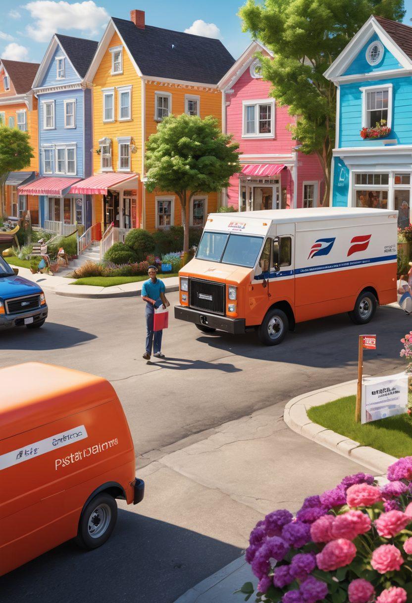 A dynamic scene showcasing diverse postal workers in action, delivering letters and packages with smiles, set against a backdrop of a bright, sunny day in a vibrant neighborhood. Include a postal truck and various mailboxes, with the community engaged in activities around. Emphasize the passion and teamwork in the postal service. super-realistic. vibrant colors. 3D.