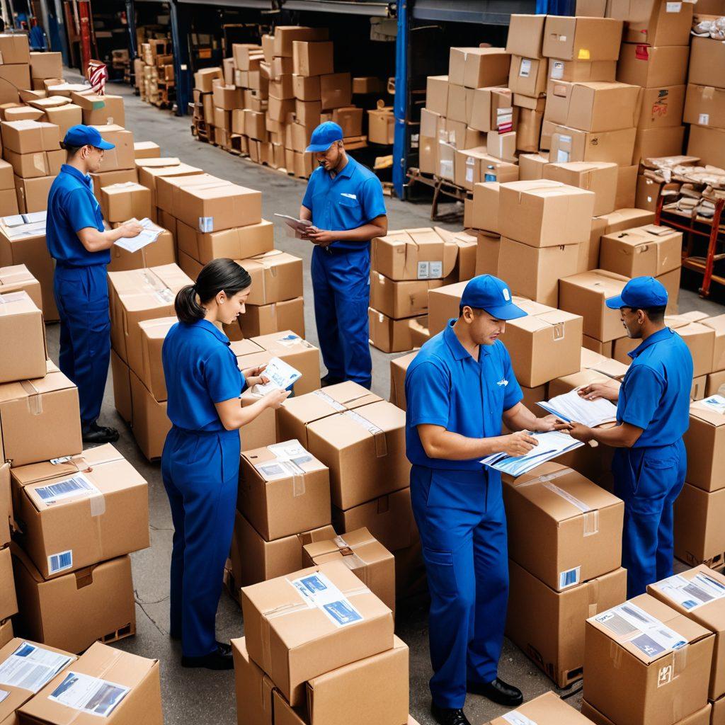 A bustling postal scene featuring diverse postal workers joyfully engaging in various tasks, surrounded by stacks of packages, mail trucks, and bright blue postal uniforms. Include visual elements like maps, job listings, and people interacting with technology for a modern feel. The atmosphere should convey excitement and opportunity in the postal industry. vibrant colors. super-realistic.