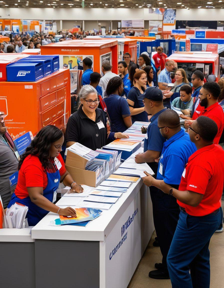 A dynamic scene depicting a diverse group of job seekers interacting with a postal system career fair booth, showcasing brochures and job postings. Include elements like postal trucks, mailboxes, and friendly postal workers. The background should feature a modern postal office with engaged individuals discussing opportunities. Bright colors to evoke optimism and excitement. super-realistic. vibrant colors.